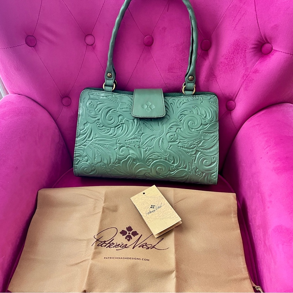 Patricia Nash Green Western Floral Embossed Leather Handbag New